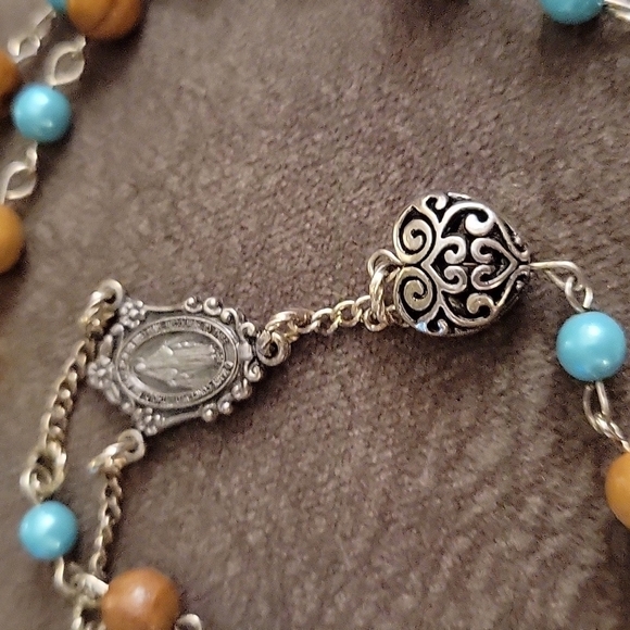 HANDMADE Olive Wood Yellow Shell Aqua Glass 59 Bead Rosary - Picture 4 of 7